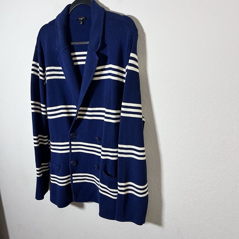Talbots Knit Sweater Blazer Nautical Stripe Blue Button Front Womens Size 2XL
